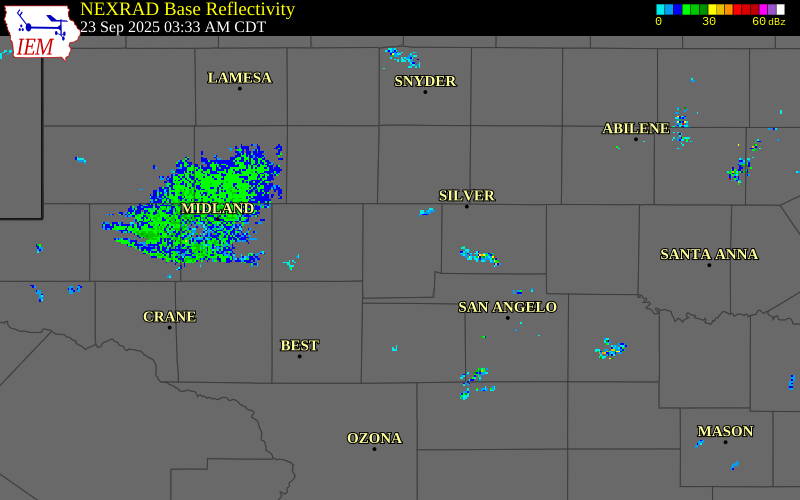 NEXRAD radar during the Tuesday, September 23, 2025 storm activity in Sterling County, Texas