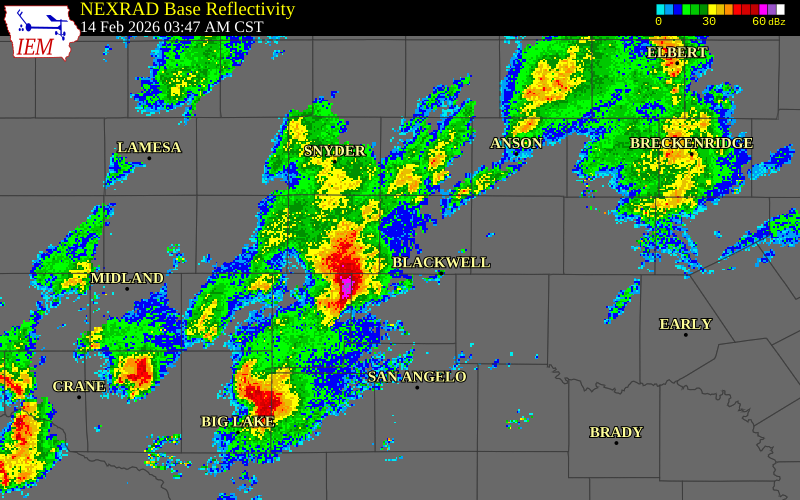 NEXRAD radar during the Saturday, February 14, 2026 storm activity in Sterling County, Texas