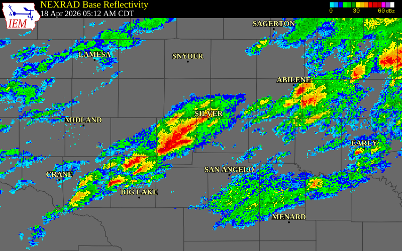 NEXRAD radar during the Saturday, April 18, 2026 storm activity in Sterling County, Texas