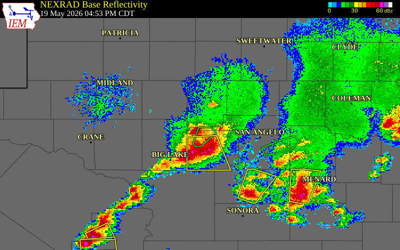 NEXRAD radar during the Tuesday, May 19, 2026 storm activity in Sterling County, Texas