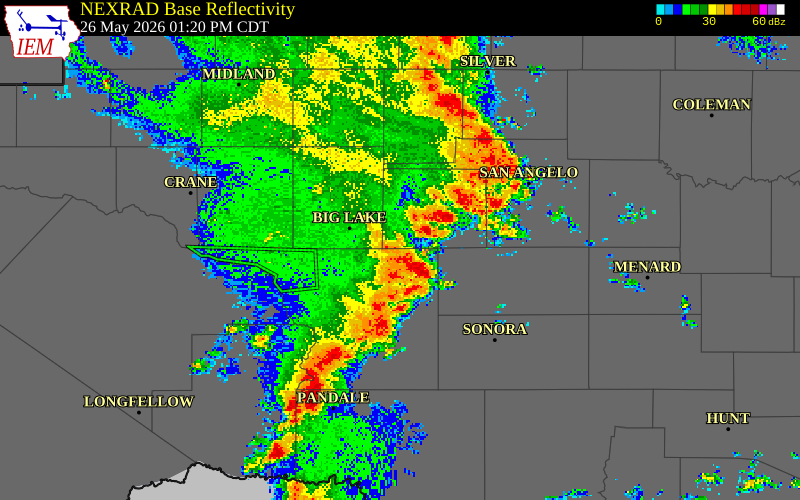 NEXRAD radar during the Tuesday, May 26, 2026 storm activity in Sterling County, Texas