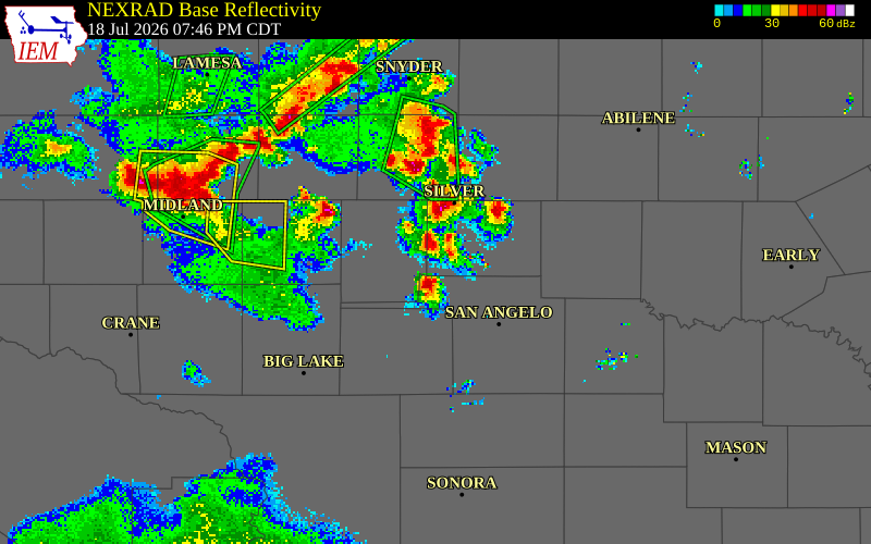 NEXRAD radar during the Saturday, July 18, 2026 storm activity in Sterling County, Texas
