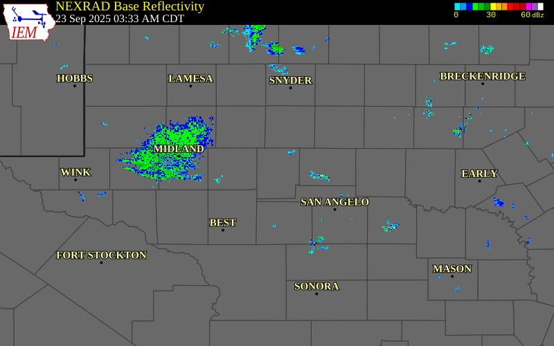 Radar snapshot during the Sep 23, 2025 wind event near 5 W Sterling City, Sterling County, Texas, with NWS warning polygons