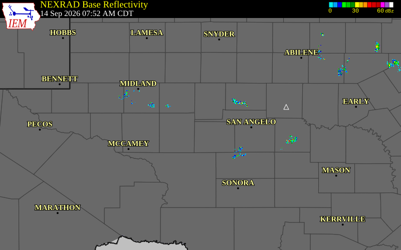 Current NEXRAD radar over Sterling County, Texas with recent storm report locations