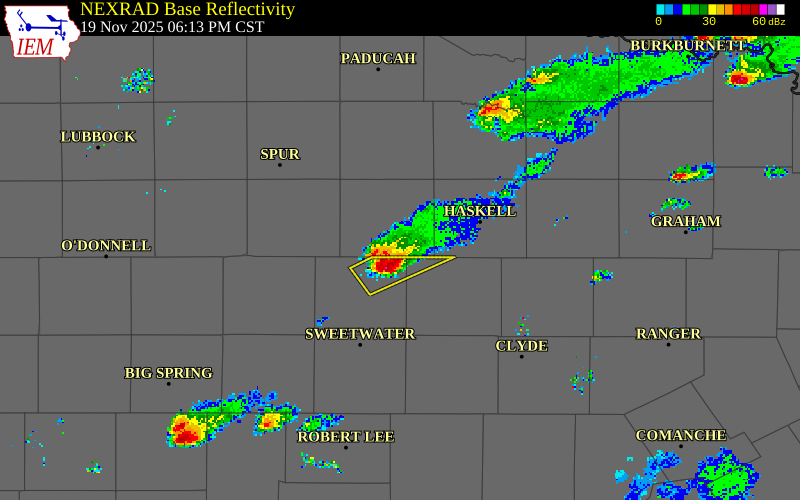 NEXRAD radar during the Wednesday, November 19, 2025 storm activity in Stonewall County, Texas