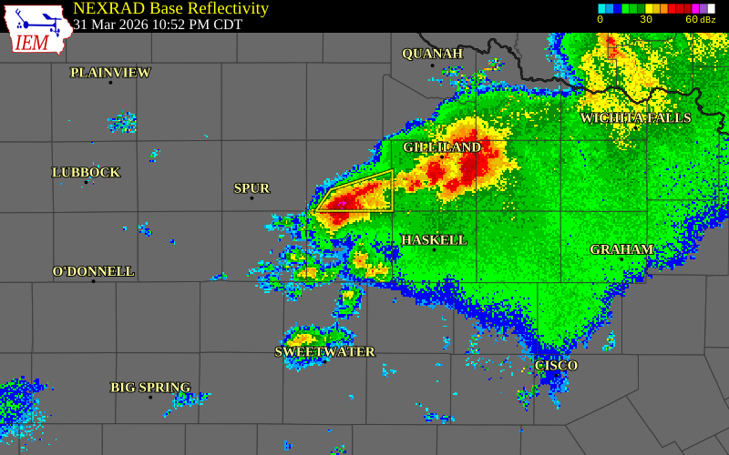 NEXRAD radar during the Tuesday, March 31, 2026 storm activity in Stonewall County, Texas