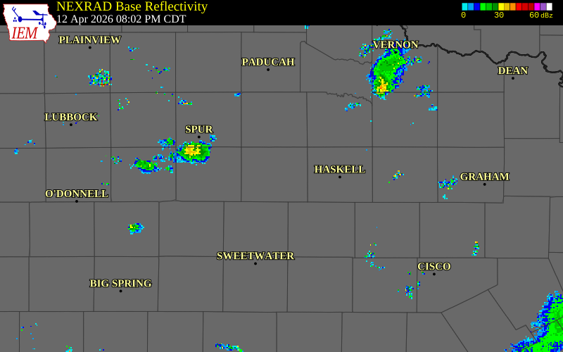 NEXRAD radar during the Sunday, April 12, 2026 storm activity in Stonewall County, Texas