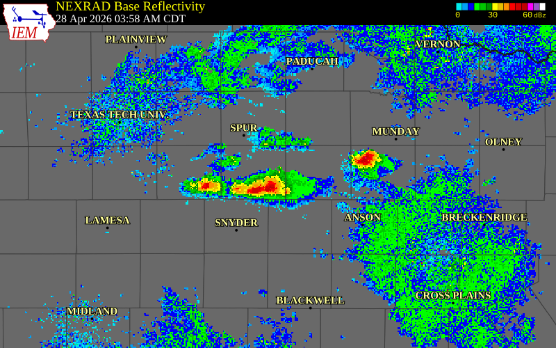 NEXRAD radar during the Tuesday, April 28, 2026 storm activity in Stonewall County, Texas