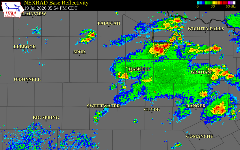 NEXRAD radar during the Sunday, July 19, 2026 storm activity in Stonewall County, Texas