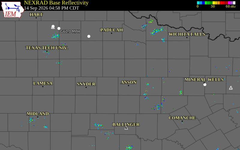 Current NEXRAD radar over Stonewall County, Texas with recent storm report locations