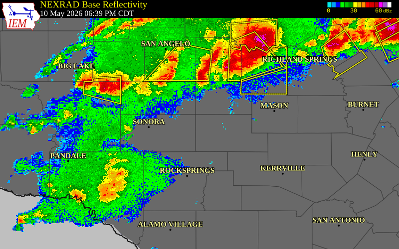NEXRAD radar during the Sunday, May 10, 2026 storm activity in Sutton County, Texas