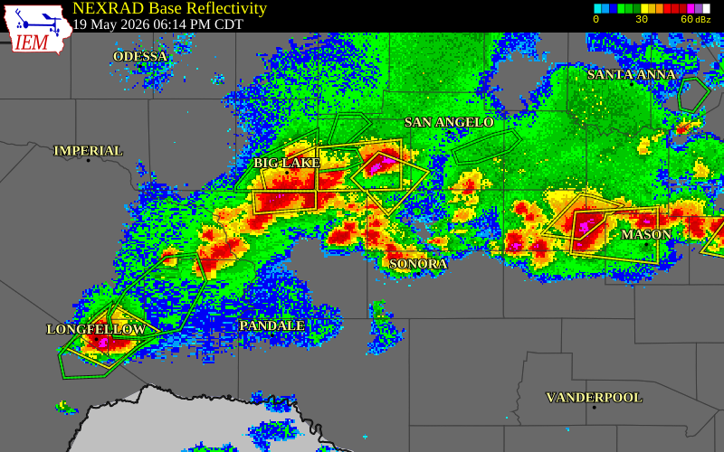 NEXRAD radar during the Tuesday, May 19, 2026 storm activity in Sutton County, Texas