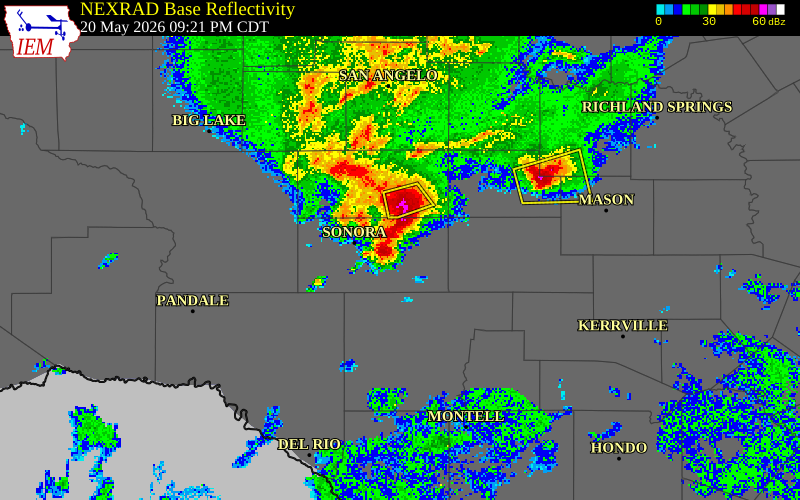 NEXRAD radar during the Wednesday, May 20, 2026 storm activity in Sutton County, Texas