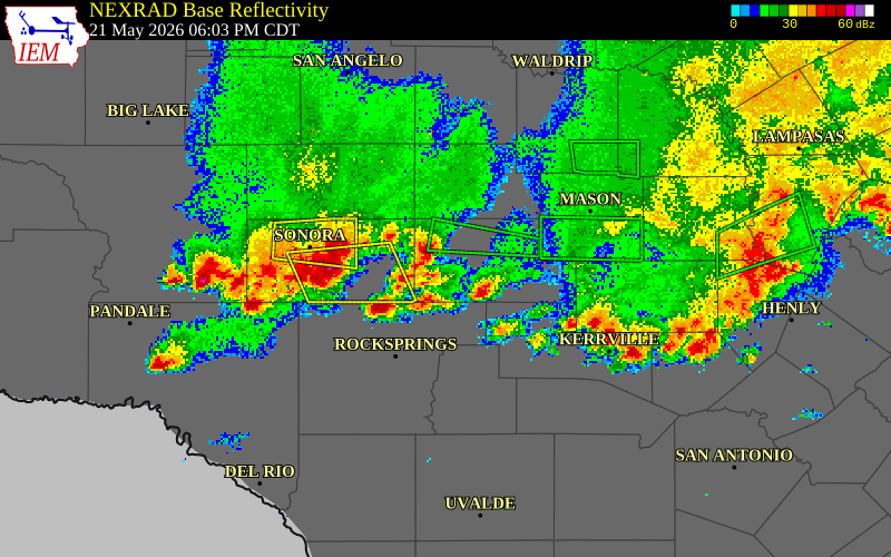 NEXRAD radar during the Thursday, May 21, 2026 storm activity in Sutton County, Texas