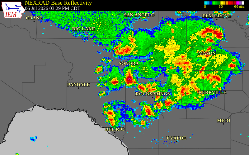 NEXRAD radar during the Monday, July 6, 2026 storm activity in Sutton County, Texas