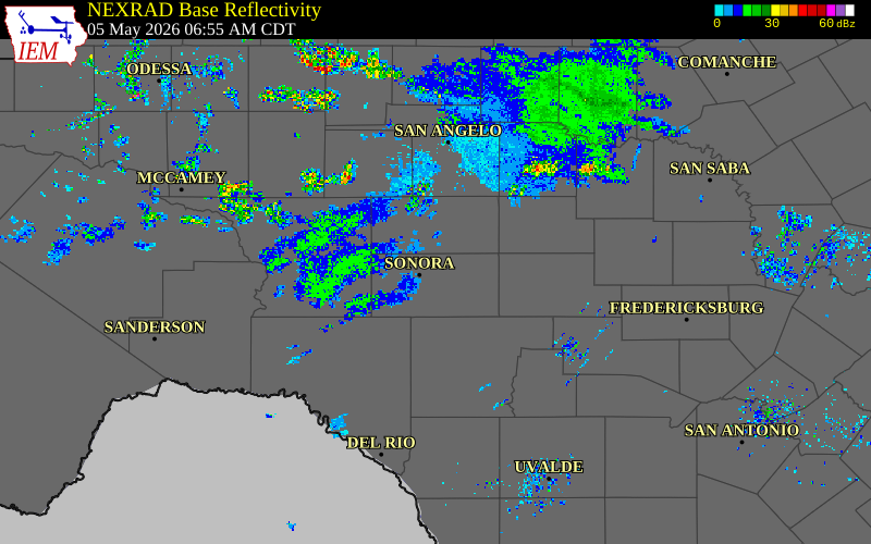 Radar snapshot during the May 5, 2026 hail event near 6 ENE Sonora, Sutton County, Texas, with NWS warning polygons