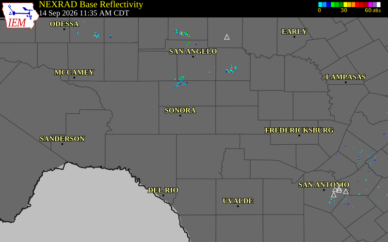Current NEXRAD radar over Sutton County, Texas with recent storm report locations