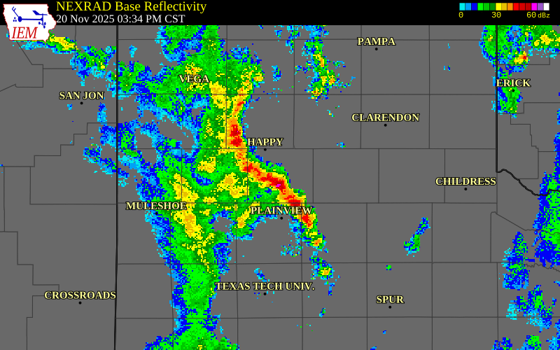 NEXRAD radar during the Thursday, November 20, 2025 storm activity in Swisher County, Texas