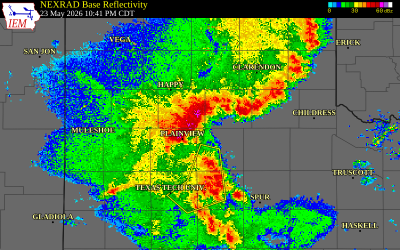 NEXRAD radar during the Saturday, May 23, 2026 storm activity in Swisher County, Texas