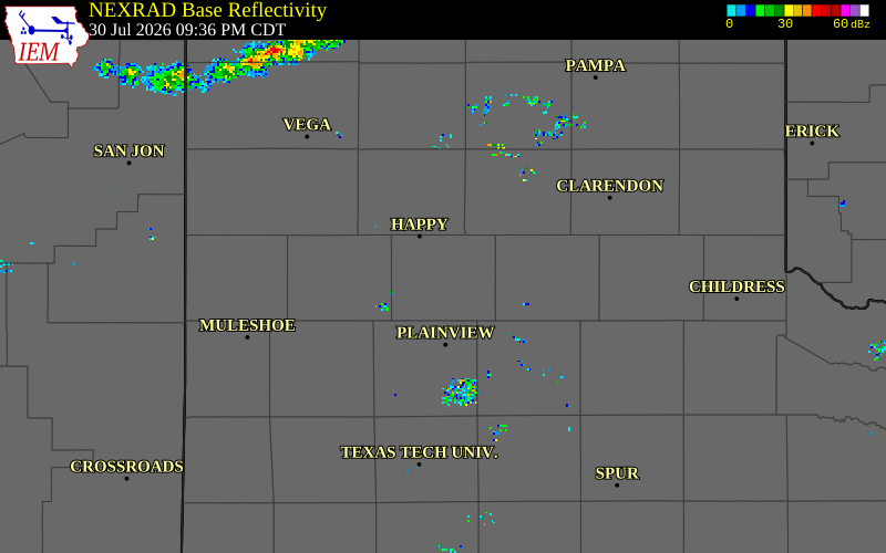 NEXRAD radar during the Thursday, July 30, 2026 storm activity in Swisher County, Texas