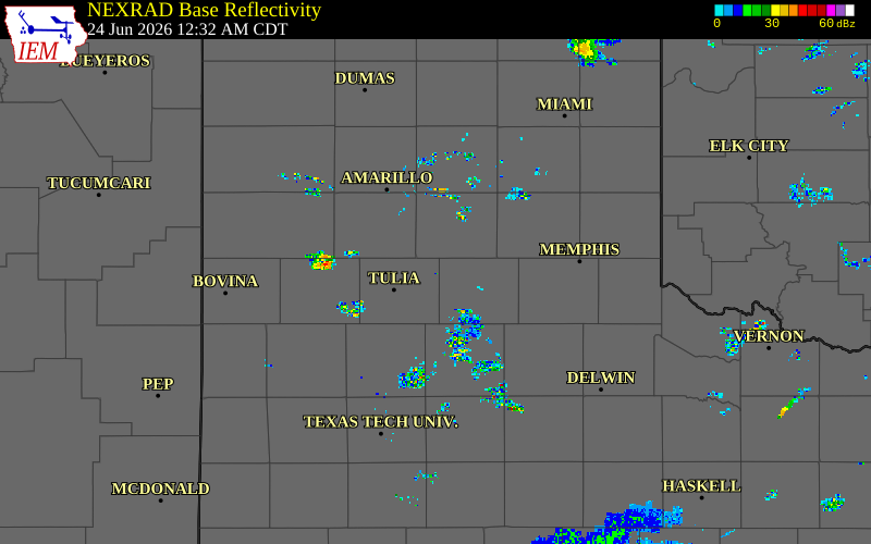 Radar snapshot during the Jun 24, 2026 wind event near Vigo Park, Swisher County, Texas, with NWS warning polygons