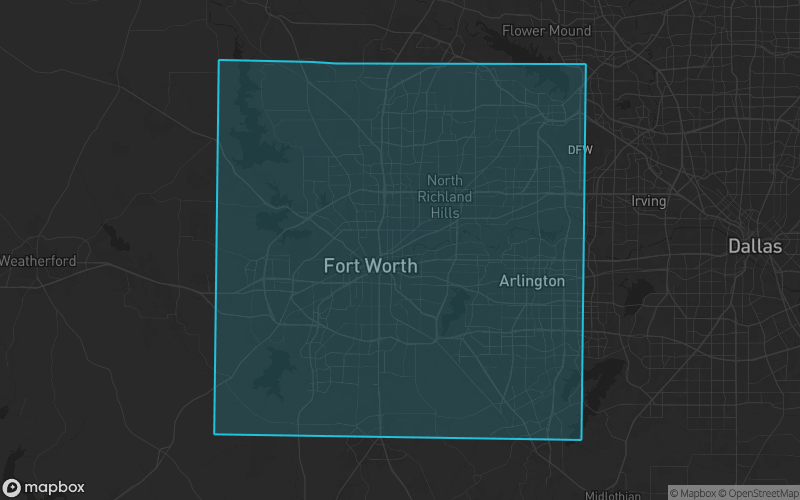Map of Tarrant County, Texas showing the county boundary and surrounding cities