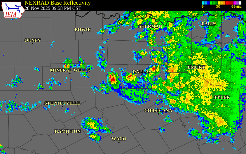 NEXRAD radar during the Friday, November 28, 2025 storm activity in Tarrant County, Texas