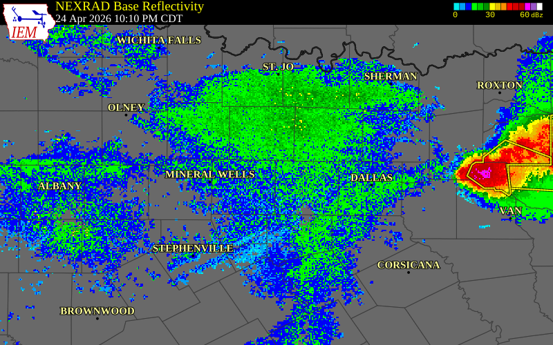 NEXRAD radar during the Friday, April 24, 2026 storm activity in Tarrant County, Texas