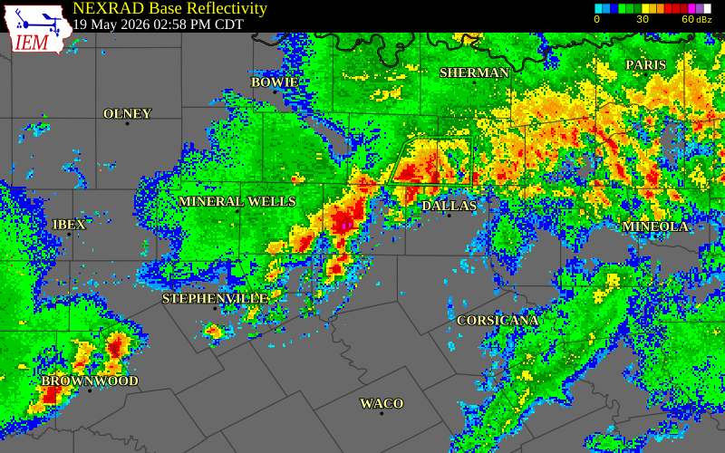 NEXRAD radar during the Tuesday, May 19, 2026 storm activity in Tarrant County, Texas