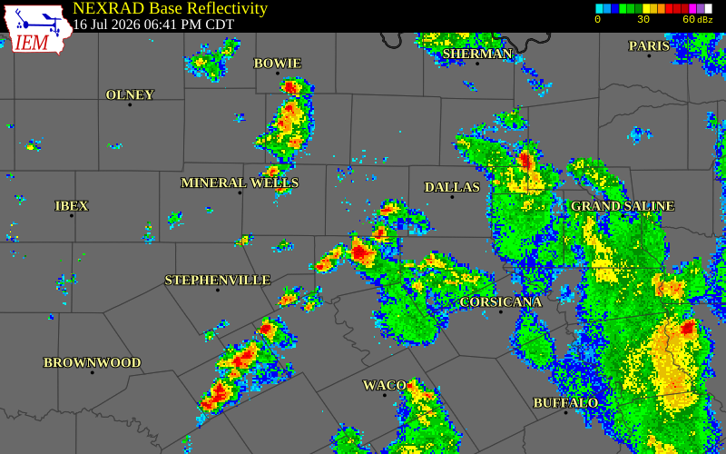NEXRAD radar during the Thursday, July 16, 2026 storm activity in Tarrant County, Texas
