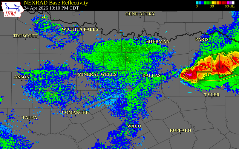 Radar snapshot during the Apr 24, 2026 hail event near 1 WNW Azle, Tarrant County, Texas, with NWS warning polygons