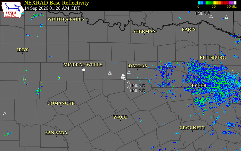 Current NEXRAD radar over Tarrant County, Texas with recent storm report locations