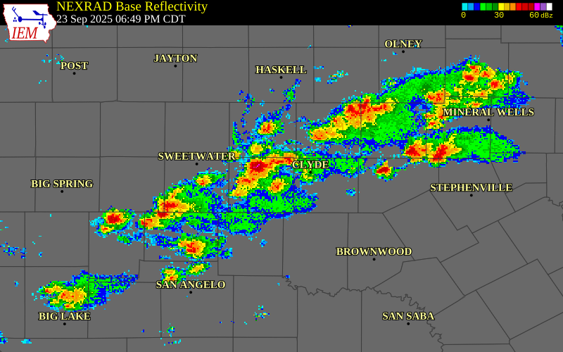 NEXRAD radar during the Tuesday, September 23, 2025 storm activity in Taylor County, Texas