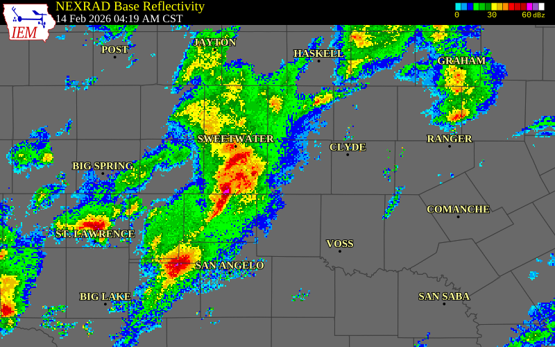 NEXRAD radar during the Saturday, February 14, 2026 storm activity in Taylor County, Texas