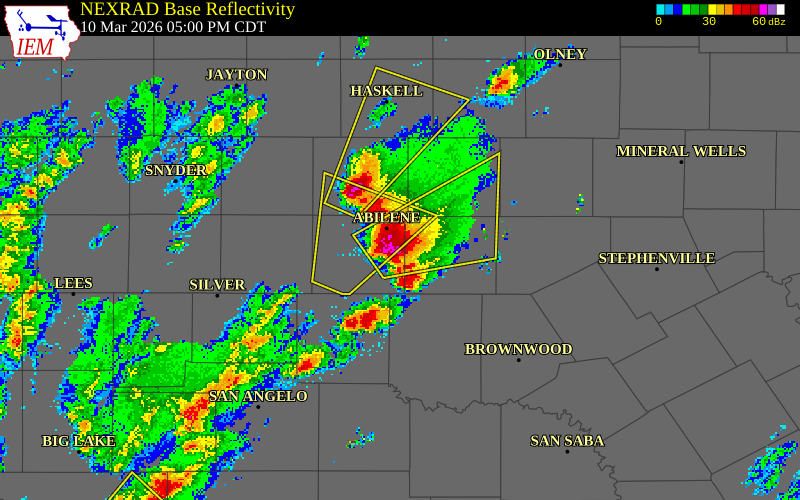 NEXRAD radar during the Tuesday, March 10, 2026 storm activity in Taylor County, Texas