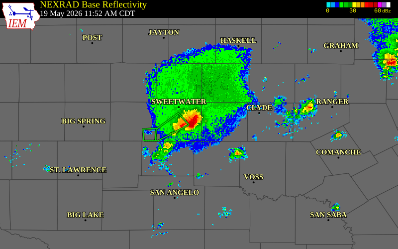 NEXRAD radar during the Tuesday, May 19, 2026 storm activity in Taylor County, Texas