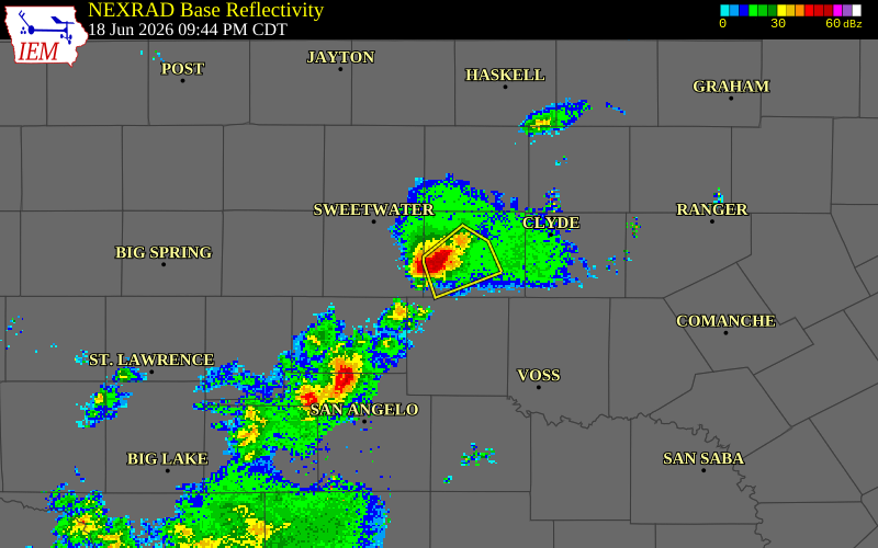 NEXRAD radar during the Thursday, June 18, 2026 storm activity in Taylor County, Texas