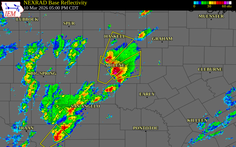 Radar snapshot during the Mar 10, 2026 tornado event near Potosi, Taylor County, Texas, with NWS warning polygons