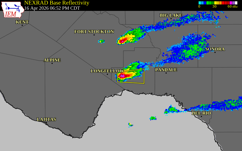 NEXRAD radar during the Thursday, April 16, 2026 storm activity in Terrell County, Texas