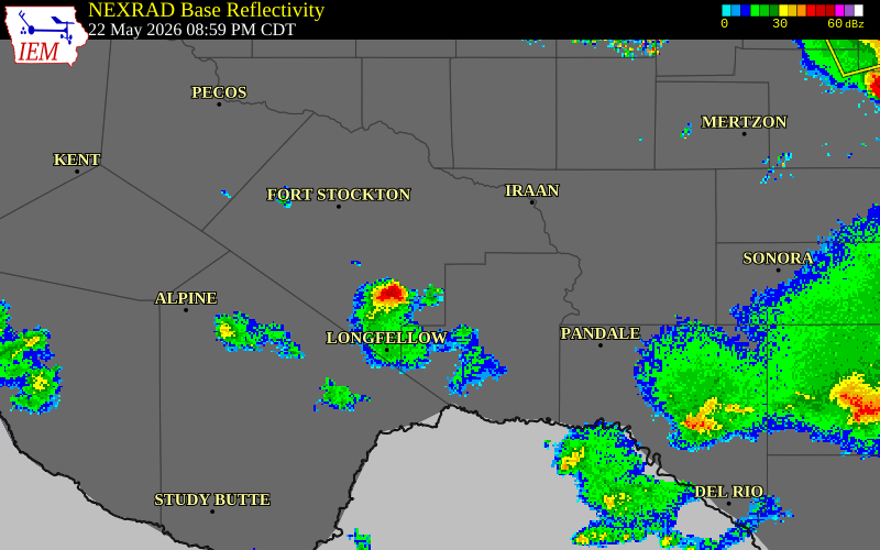NEXRAD radar during the Friday, May 22, 2026 storm activity in Terrell County, Texas