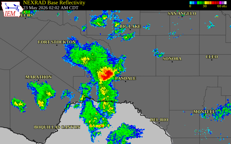 NEXRAD radar during the Saturday, May 23, 2026 storm activity in Terrell County, Texas