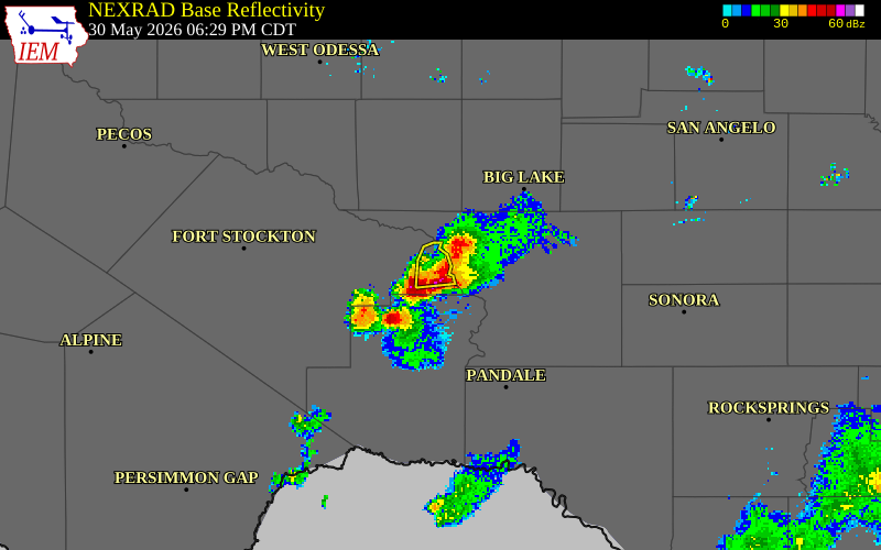 NEXRAD radar during the Saturday, May 30, 2026 storm activity in Terrell County, Texas