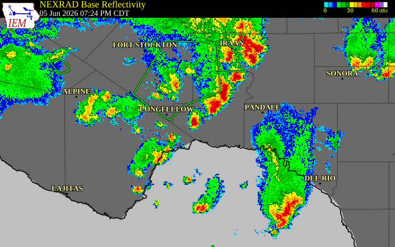 NEXRAD radar during the Friday, June 5, 2026 storm activity in Terrell County, Texas