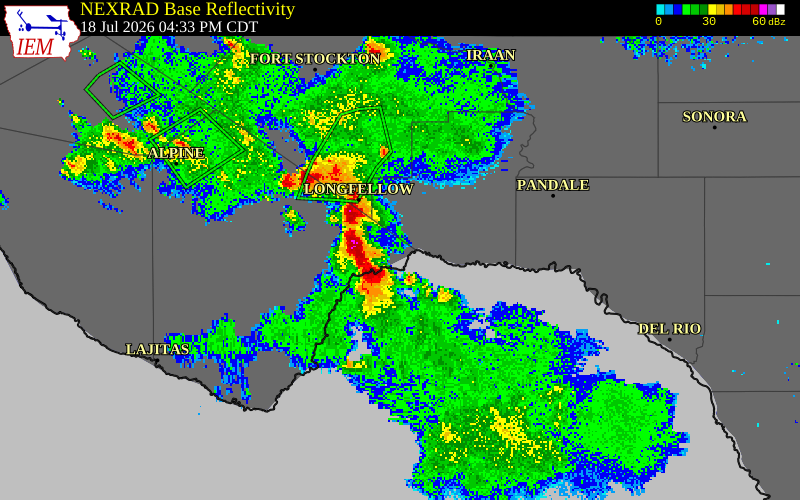 NEXRAD radar during the Saturday, July 18, 2026 storm activity in Terrell County, Texas