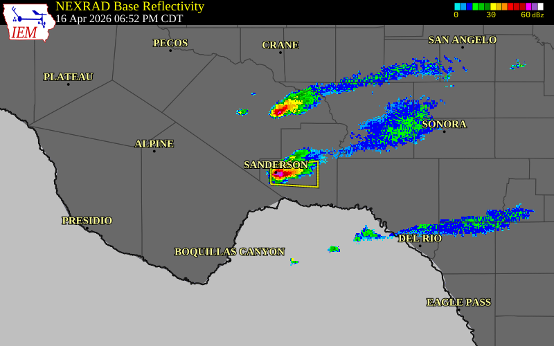 Radar snapshot during the Apr 16, 2026 hail event near Sanderson, Terrell County, Texas, with NWS warning polygons