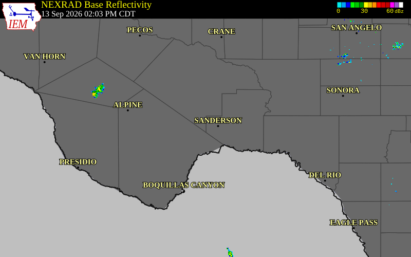 Current NEXRAD radar over Terrell County, Texas with recent storm report locations