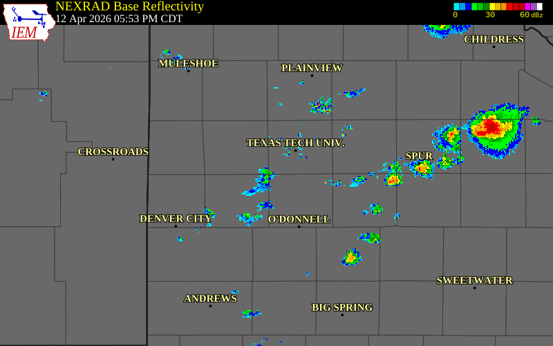 NEXRAD radar during the Sunday, April 12, 2026 storm activity in Terry County, Texas