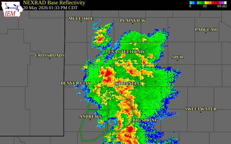 NEXRAD radar during the Wednesday, May 20, 2026 storm activity in Terry County, Texas