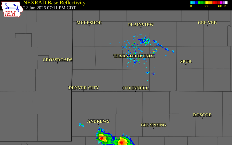 NEXRAD radar during the Monday, June 22, 2026 storm activity in Terry County, Texas