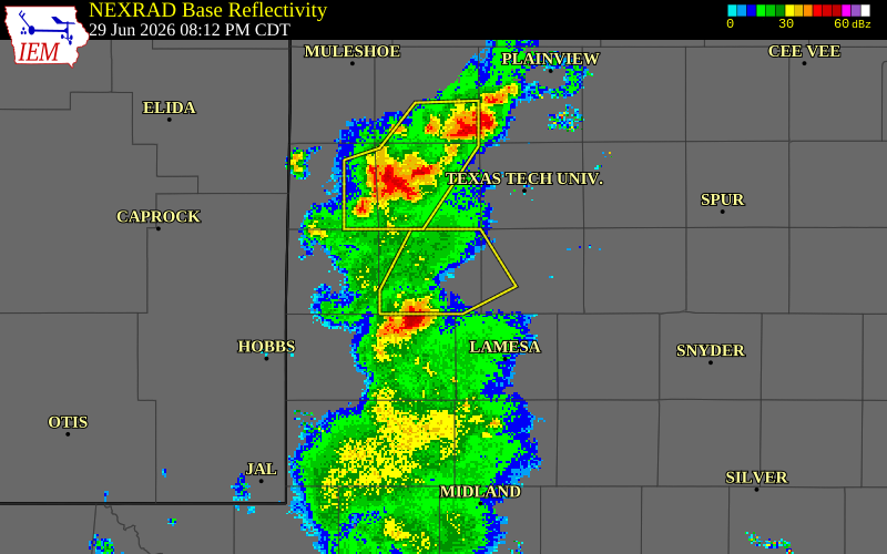 NEXRAD radar during the Monday, June 29, 2026 storm activity in Terry County, Texas